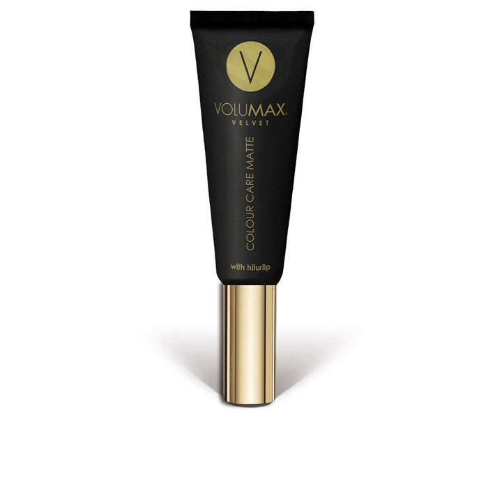 Volumax Black and gold matte plastic cosmetic tube with screw cap, sleek modern profile and rosy swatch