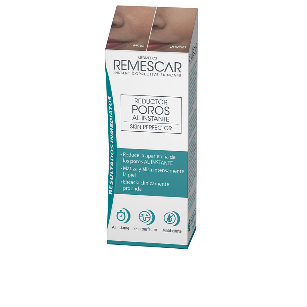 Remescar Clean rectangular cardboard box in white and teal with clinical icons, benefit text blocks, and skin close-up images