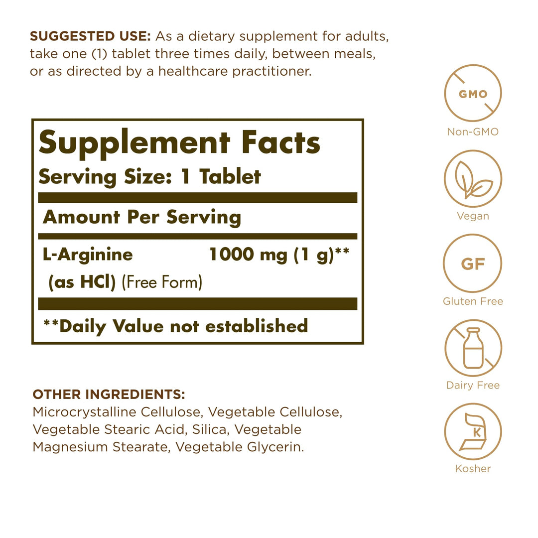 Solgar L‑Arginine 1000 mg tablets bottle — vegan, clean formula