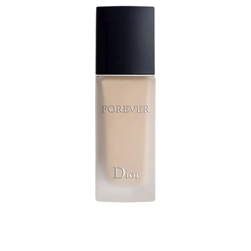 Glass rectangular frosted foundation bottle with black rectangular cap, embossed text, minimalist design, Dior