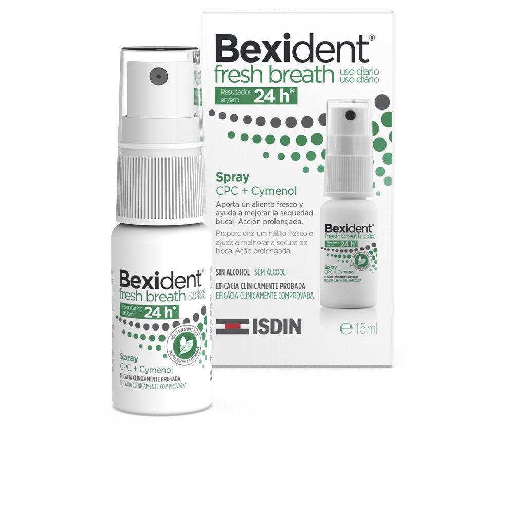 Isdin Compact white plastic breath freshening spray with spray nozzle, green and black dotted print, minimalist packaging