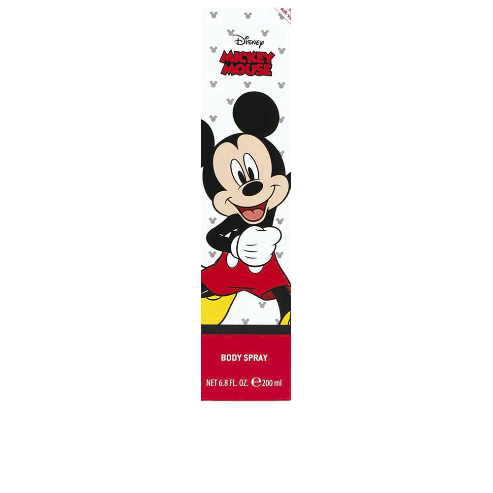 Cartoon Red, black, white and yellow body spray can featuring Mickey Mouse graphic, Disney logo, patterned heads, volume