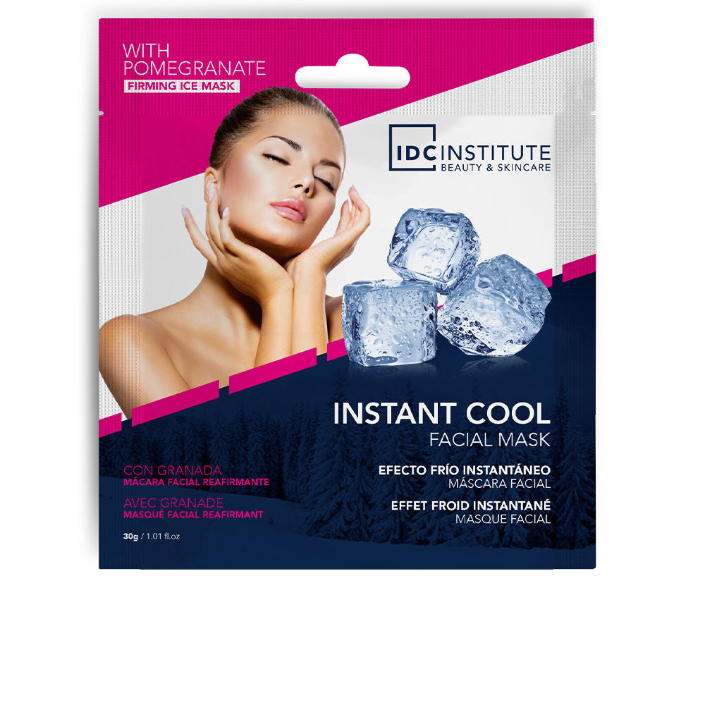 IDC Institute Face mask sachet with pink, white and navy diagonal blocks, ice cube illustration, woman with closed eyes