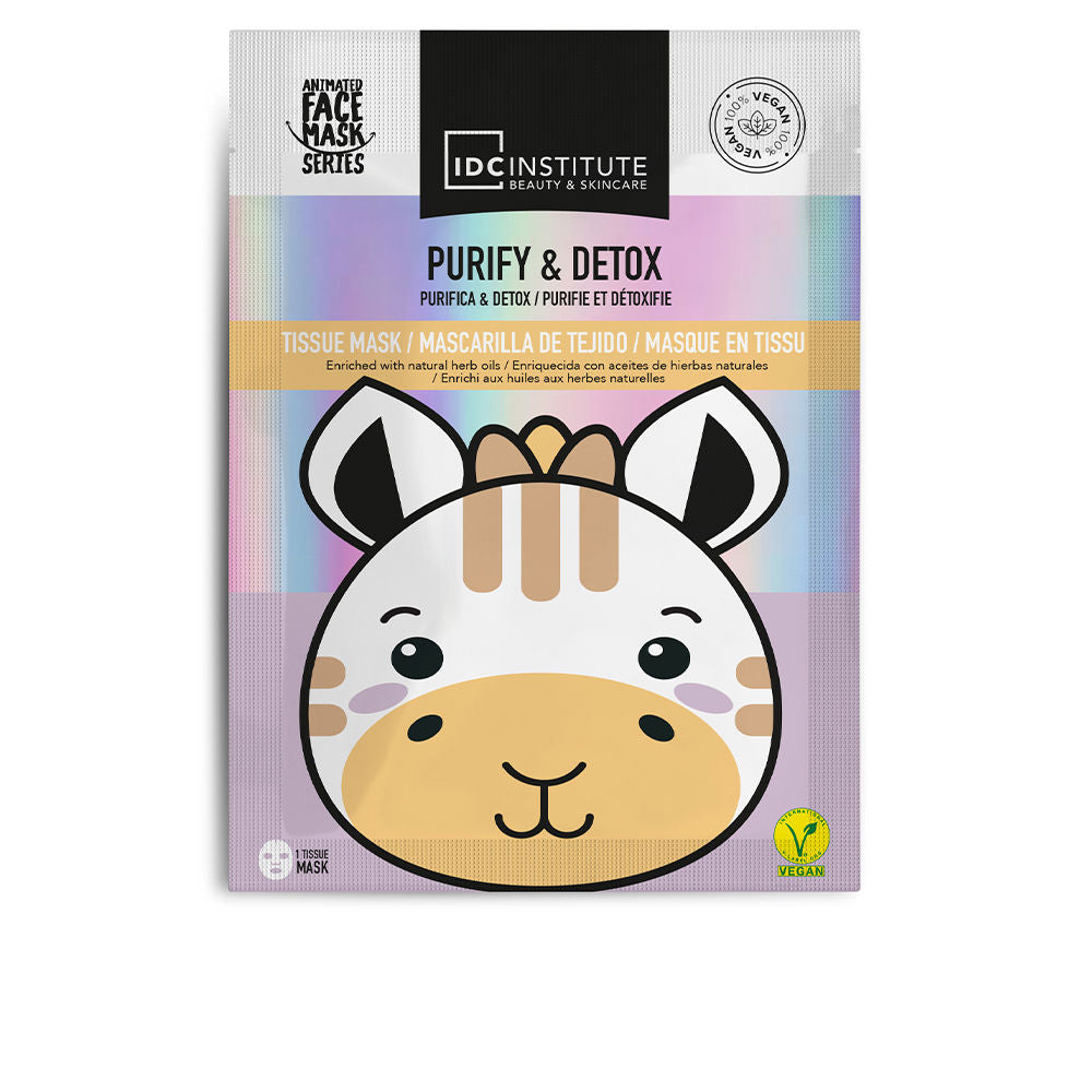 IDC Institute Animated tissue sheet mask with pastel rainbow gradient, cartoon animal face, rounded ears, striped forehead, large eyes