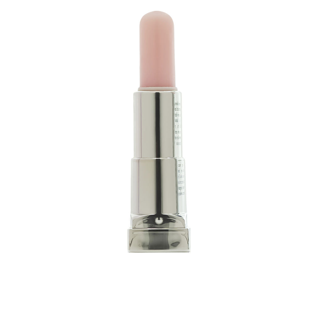 Moi Light pink twist-up lip balm in silver metallic cylindrical case, smooth surface, metal and plastic details