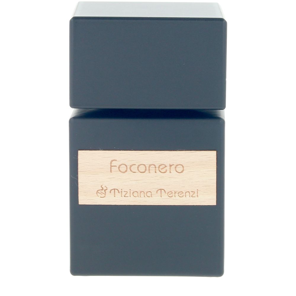 Tiziana Terenzi Dark blue rectangular perfume bottle with wooden label and clear glass container, minimalist presentation