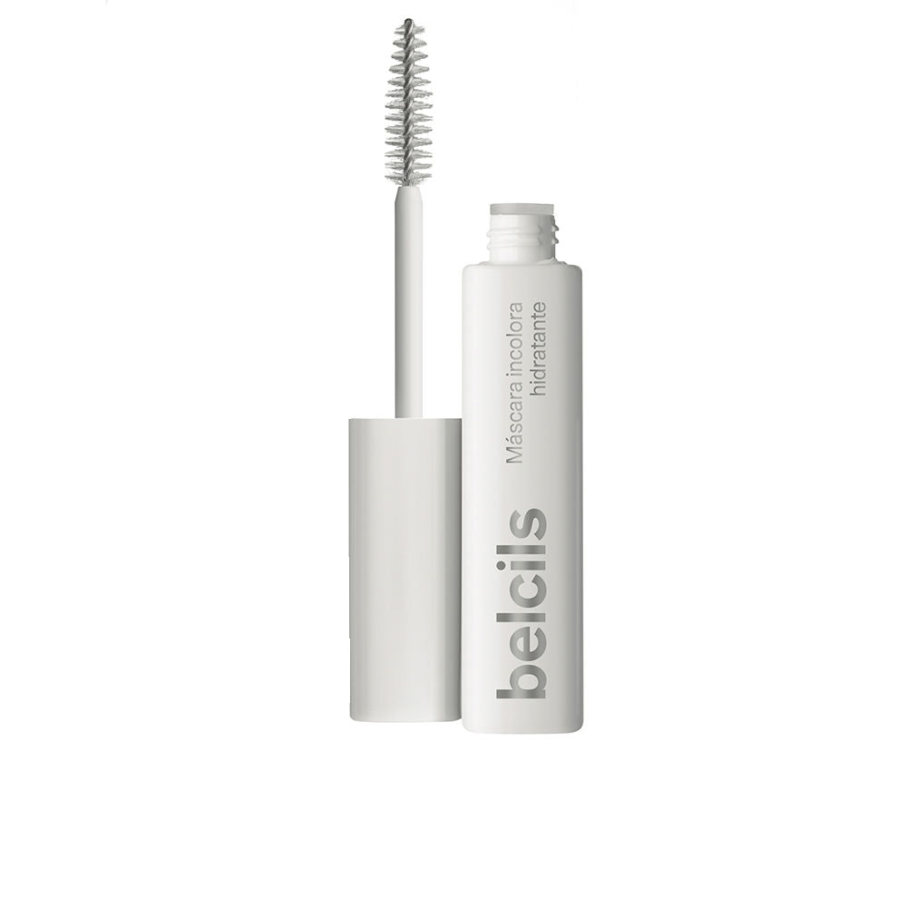 Belcils translucent white plastic mascara in minimalist cylindrical tube with brush applicator, wand visible