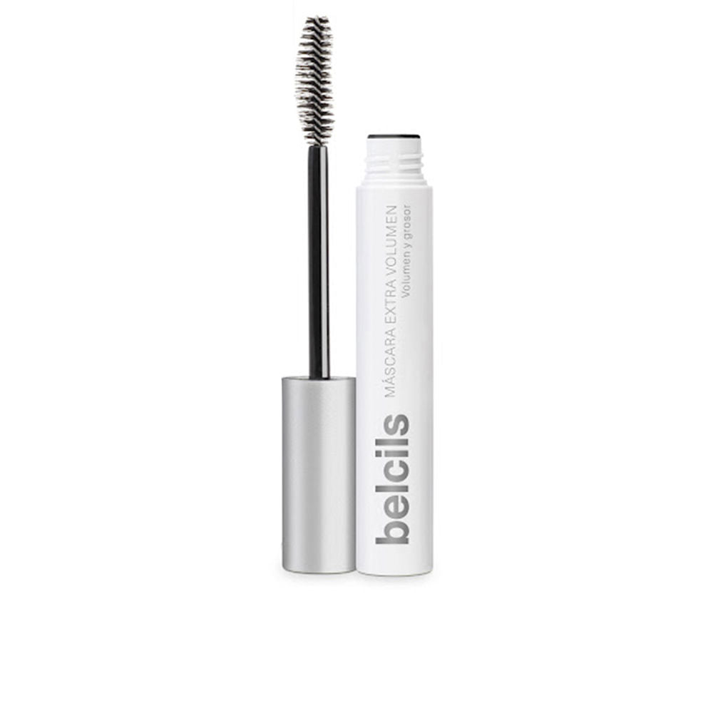 Belcils white, silver and black cylindrical plastic mascara with brush applicator, sleek modern silhouette