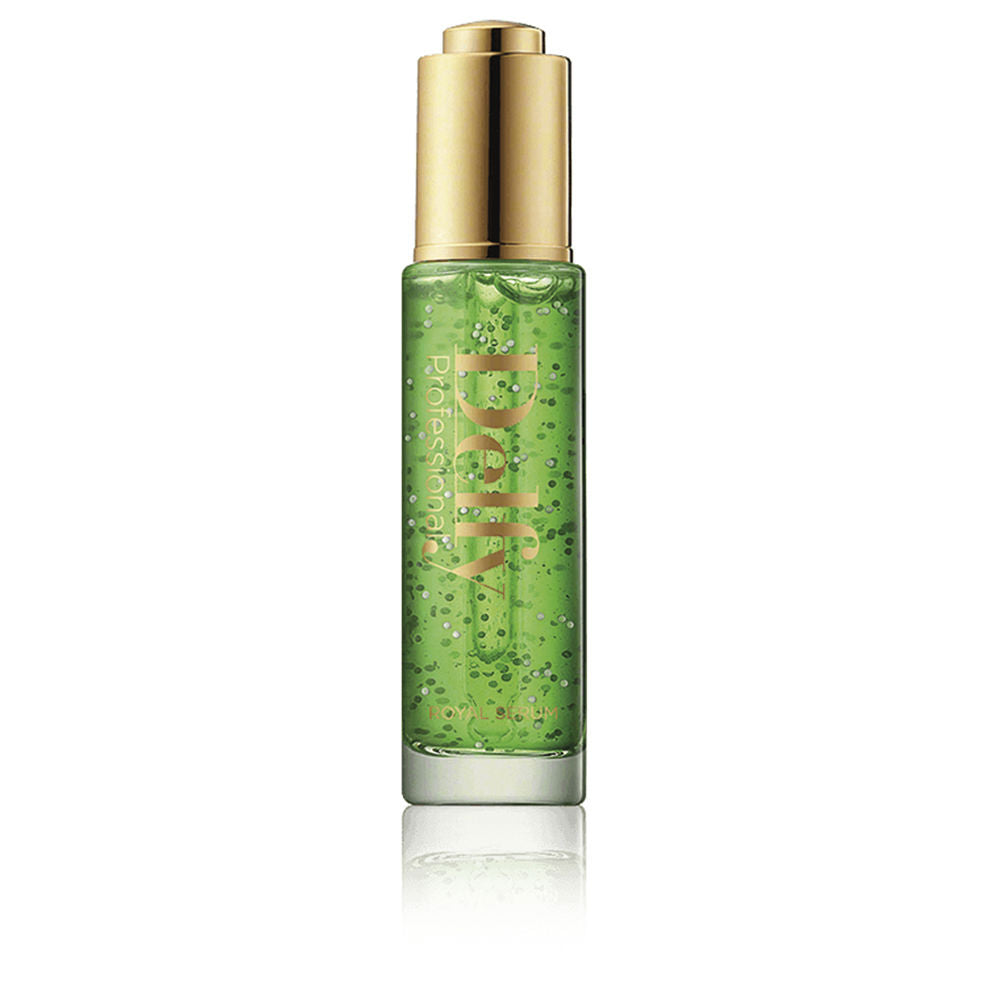Green glass serum bottle with visible bubbles, gold pump finish, modern luxurious design — brand Delfy.