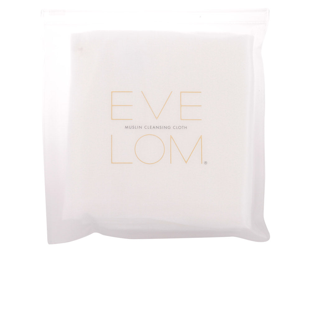 Eve Lom Three white muslin cleansing cloths, square-folded showing soft texture and printed text, with zipper seal bag