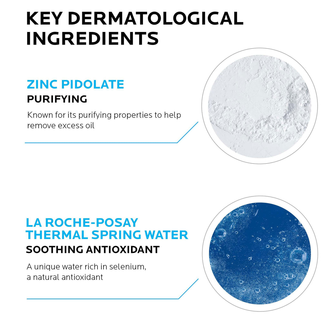 White plastic tube with blue cap and rectangular logo, front-printed text and flip-top cap, la Roche Posay