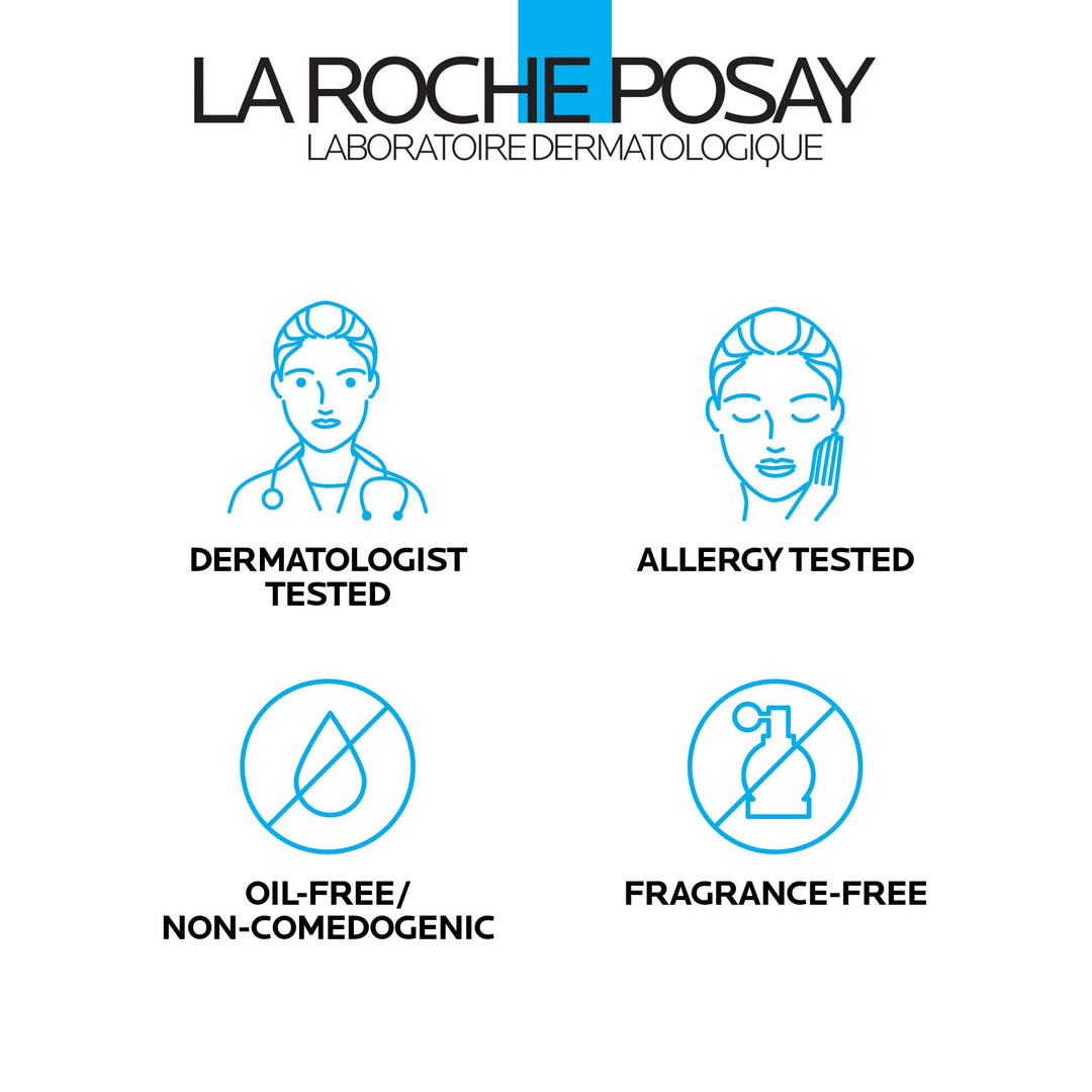 White plastic tube with blue cap and rectangular logo, front-printed text and flip-top cap, la Roche Posay