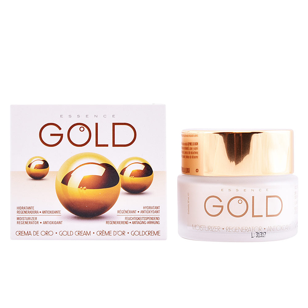 Diet Esthetic Minimalistic white jar with gold metallic lid and reflective gold spheres graphic, plastic container, multilingual text