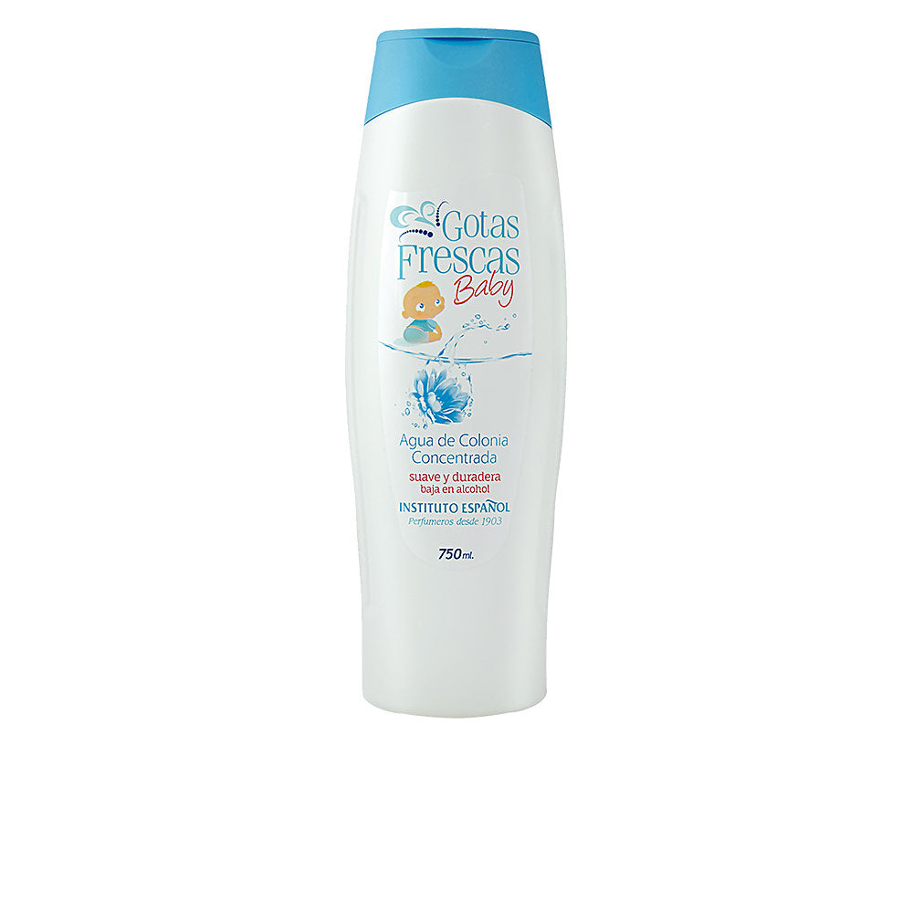 Instituto Español White and blue plastic baby cologne bottle with flip-top cap, printed label, baby illustration, flower graphic