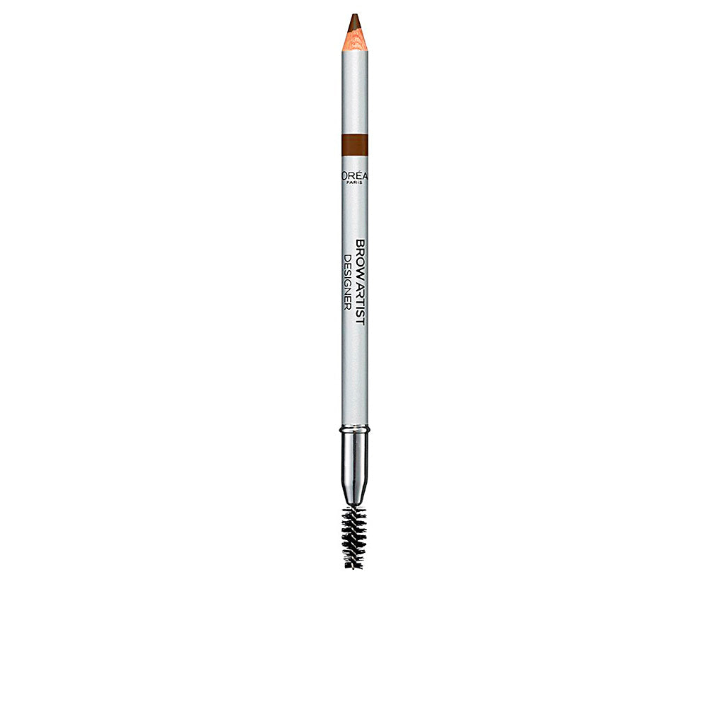 Slim dual-ended eyebrow pencil with wood shaft, silver cap, brown tip and black spoolie, L'Oréal Paris