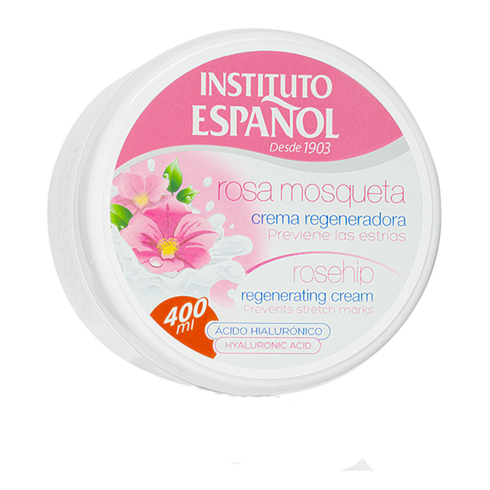 Instituto Español White plastic cream container with pink and orange floral illustration, multicolored text