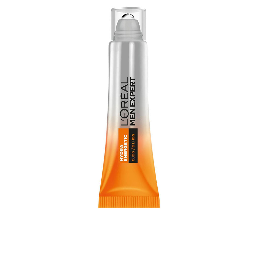 L'Oréal Paris Silver and orange plastic eye cream tube with rollerball applicator, gradient design and vertical text layout