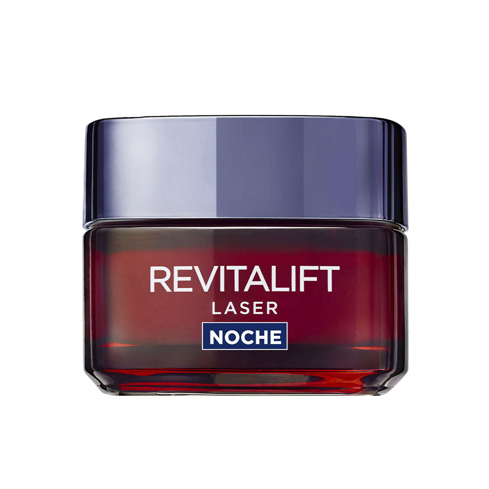 L'Oréal Paris Modern square face cream jar in dark red and blue glass or plastic, transparent sides, shiny lid, printed front text