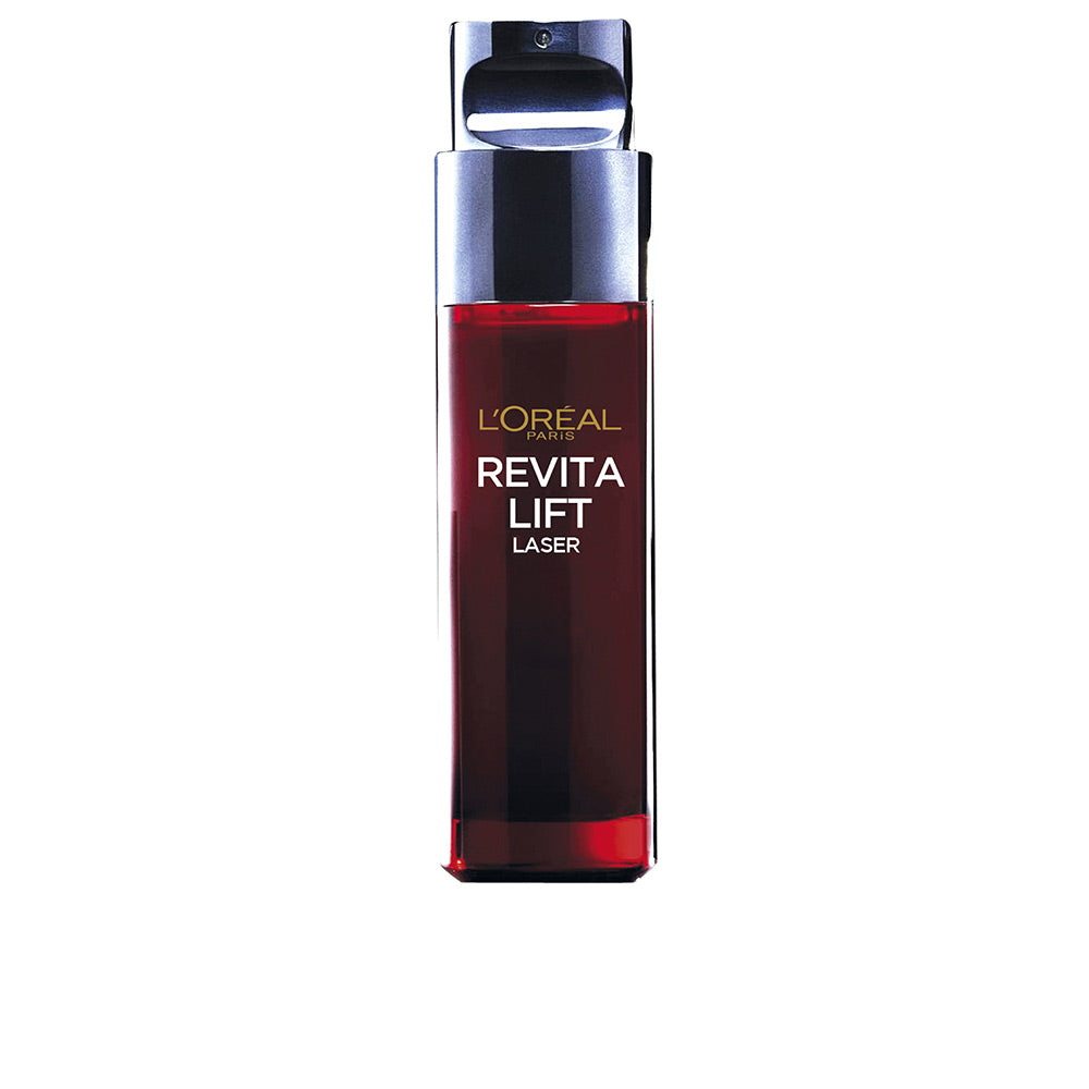 L'Oréal Paris Dark red rectangular serum bottle with pump, transparent plastic body and metallic silver cap, printed front text