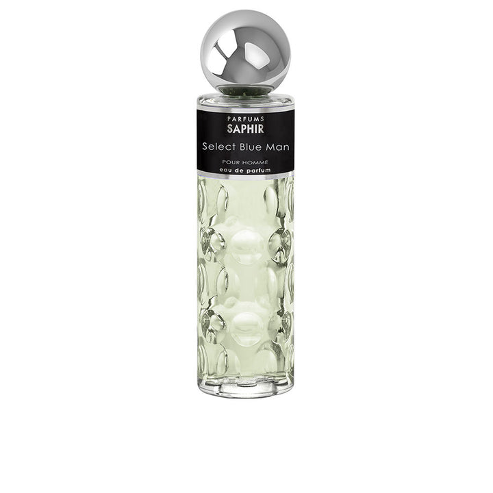 Parfums Saphir Glass eau de parfum bottle with raised circular texture, clear liquid, black label, silver cap