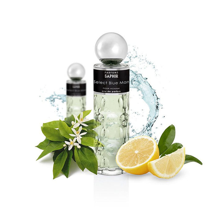 Parfums Saphir Glass eau de parfum bottle with raised circular texture, clear liquid, black label, silver cap