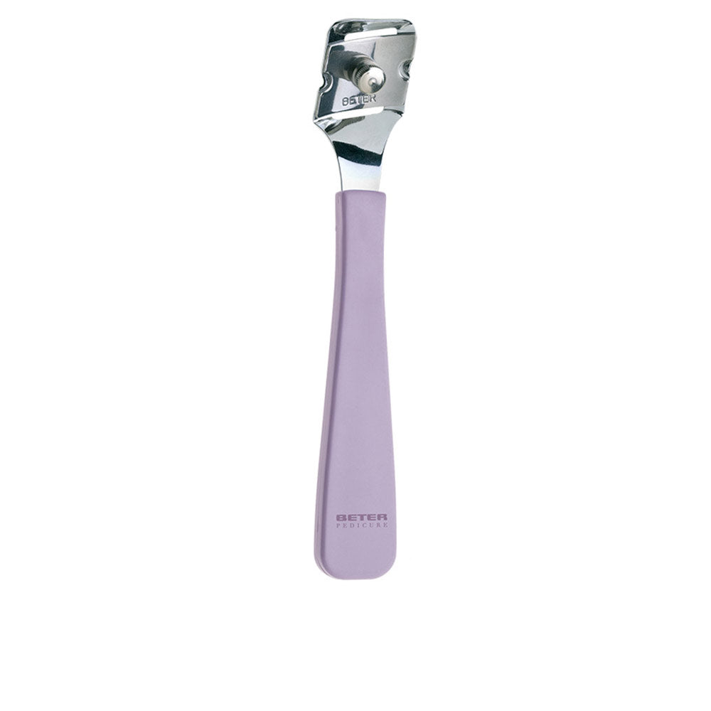 Lavender and silver pedicure tool blades with metal scraping edges and ergonomic plastic handle, Beter