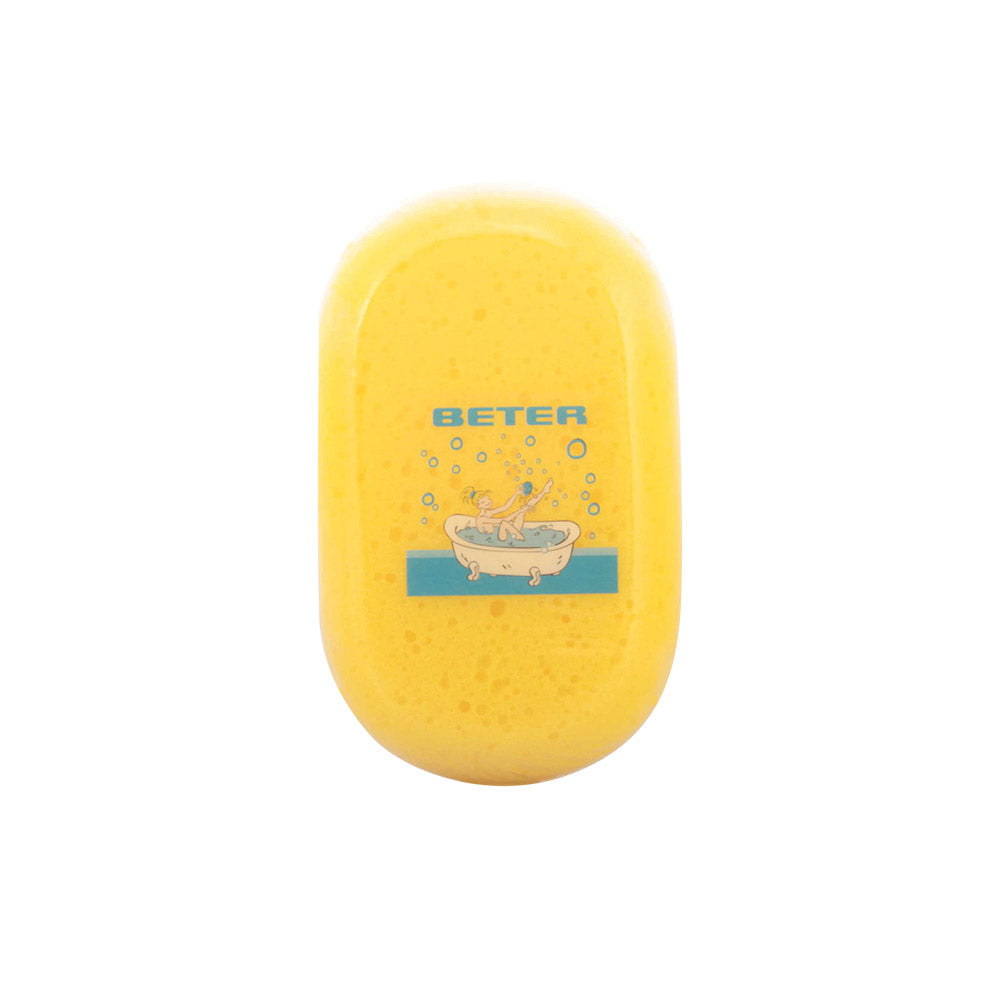 Yellow oval sponge with bubble illustrations and cartoon bathtub figure, detailed texture and rounded edges, Beter