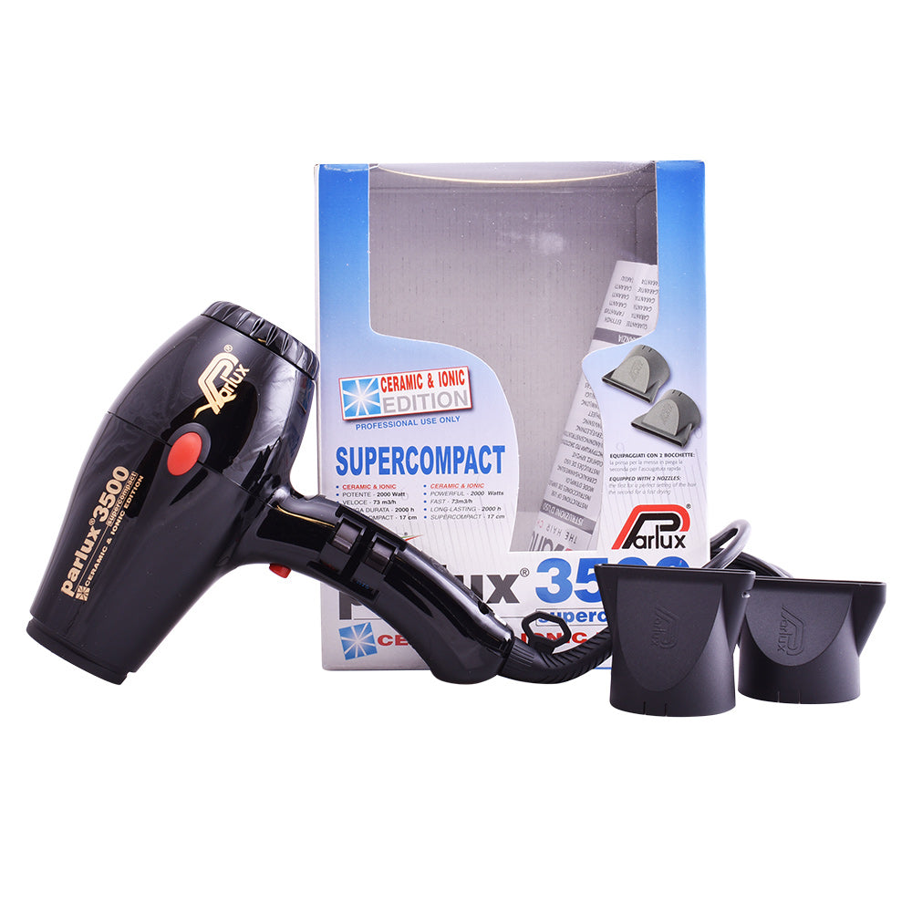 Black compact ionic ceramic hair dryer with two concentrator nozzles, 3 m cable, Unisex