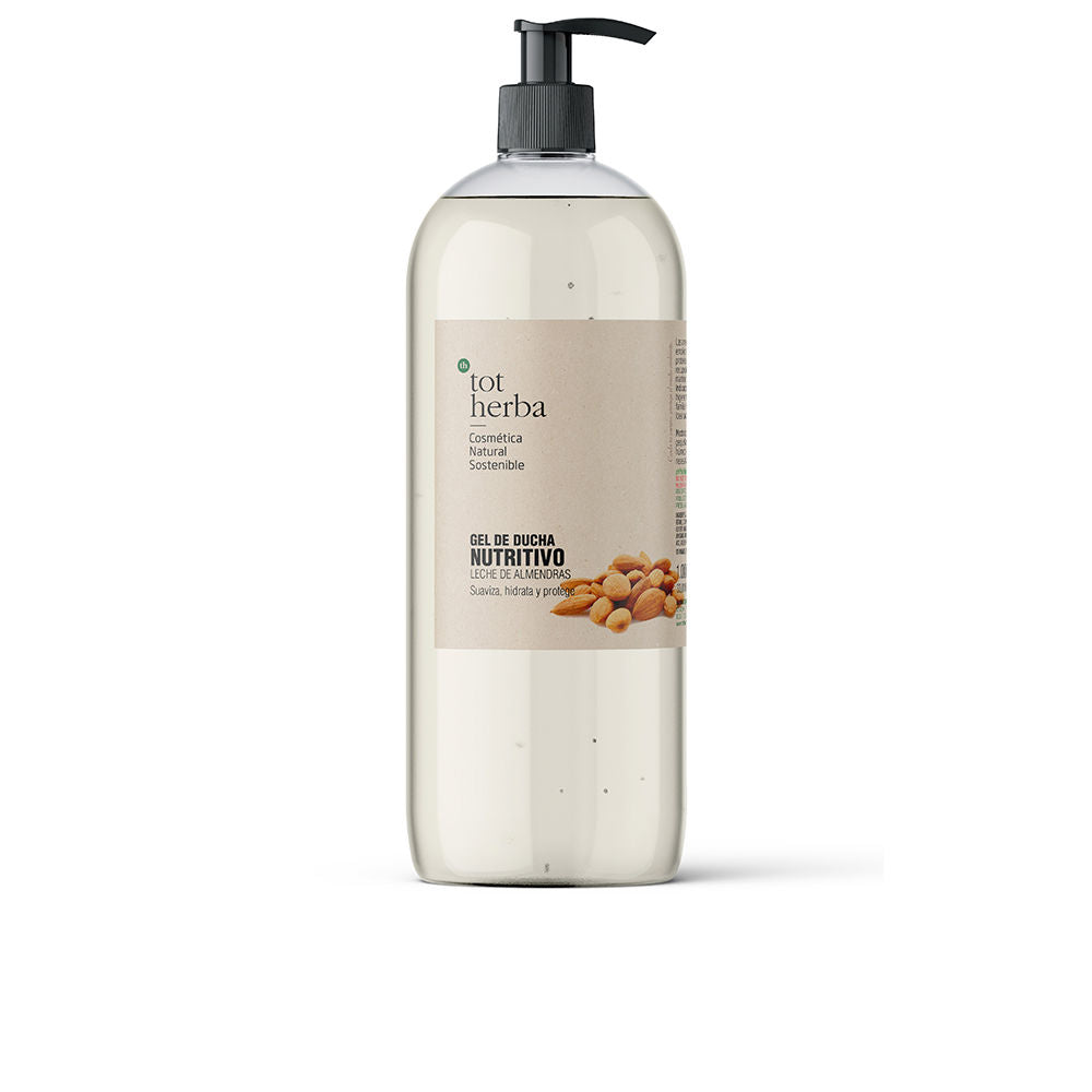 Tot Herba Transparent plastic shower gel bottle with beige label, black pump, almond illustration, minimalist natural styling