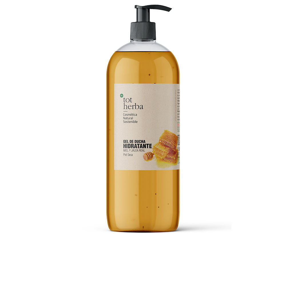 Transparent amber plastic bottle with pump, visible gel and honeycomb label, Tot Herba