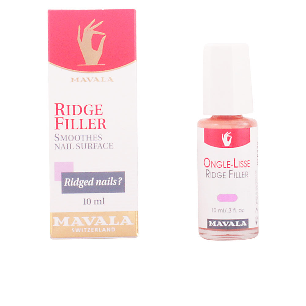 Mavala Small glass bottle with white cap and printed text, presented in box with pink, gold minimalist design