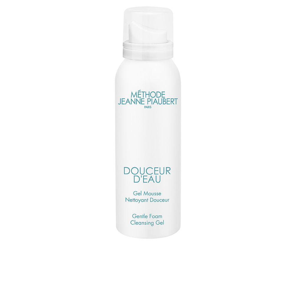 Jeanne Piaubert Minimalist cylindrical plastic cleansing gel bottle with pump, blue text and clear cap, white gel