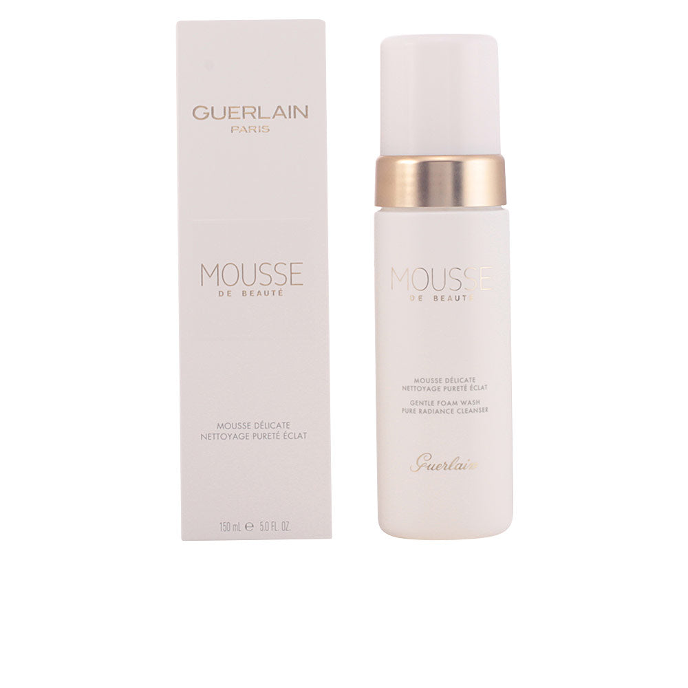 Guerlain Minimalist cylindrical plastic foam cleanser bottle, white with gold band near cap and matching box