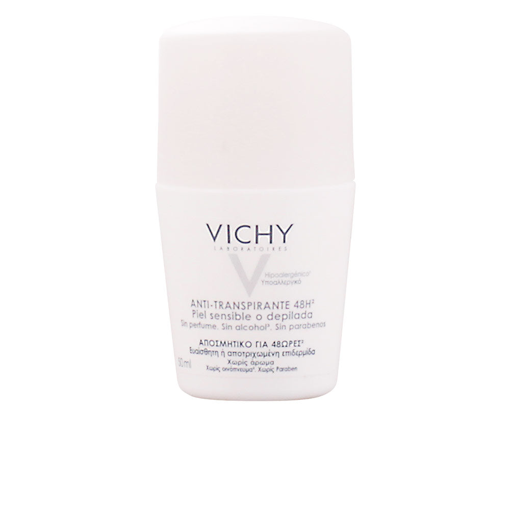 Vichy White plastic roll-on deodorant with compact bottle and minimalist clean design, brand