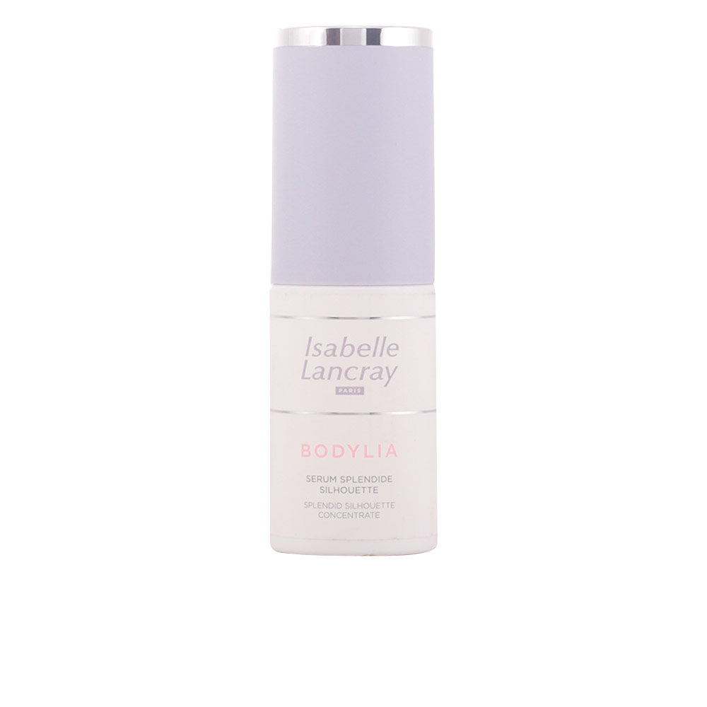 Isabelle Lancray Light purple and white plastic serum bottle with pump dispenser and metallic silver accents, minimalist design for