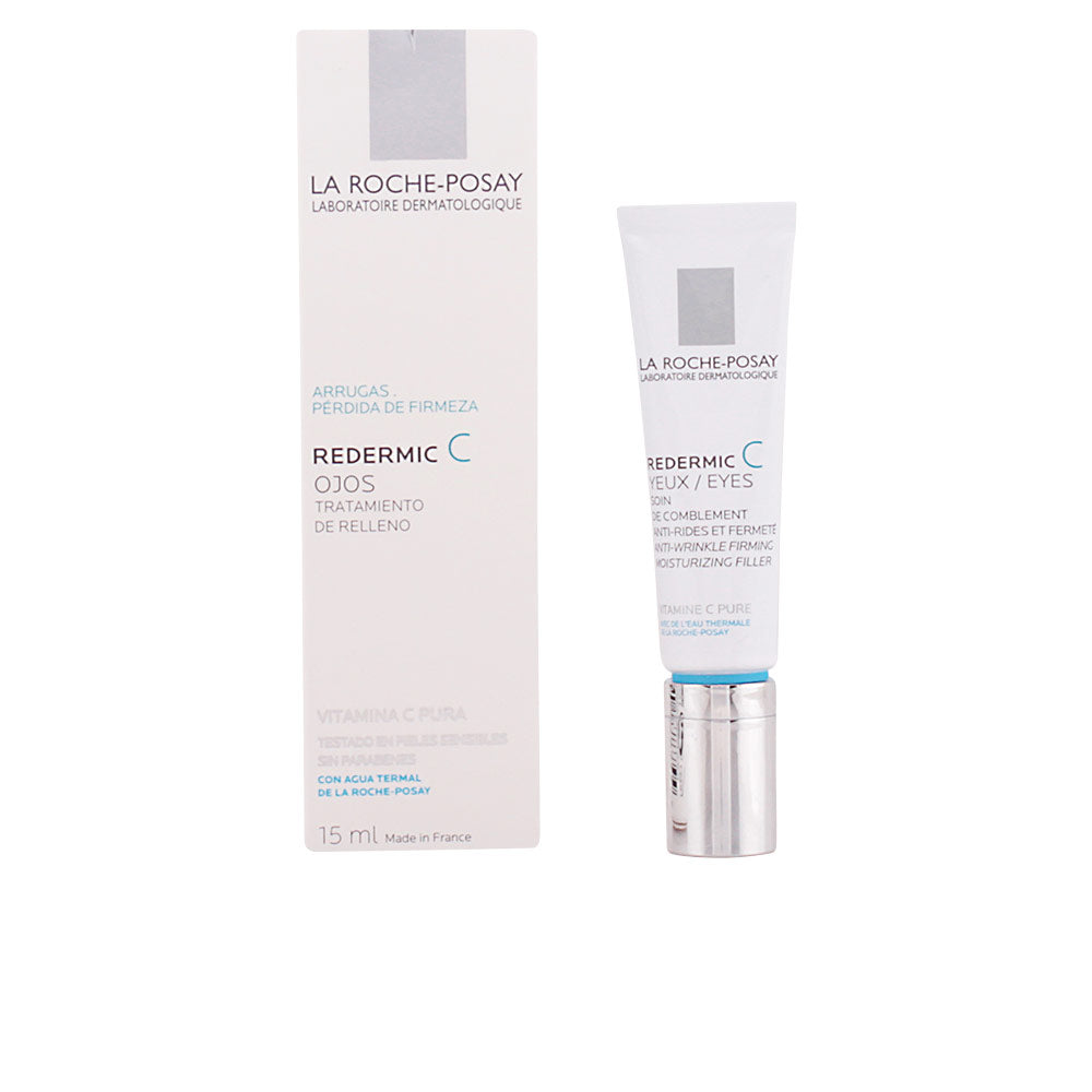 la Roche Posay White plastic eye cream tube with silver pump and blue accents beside a rectangular printed box