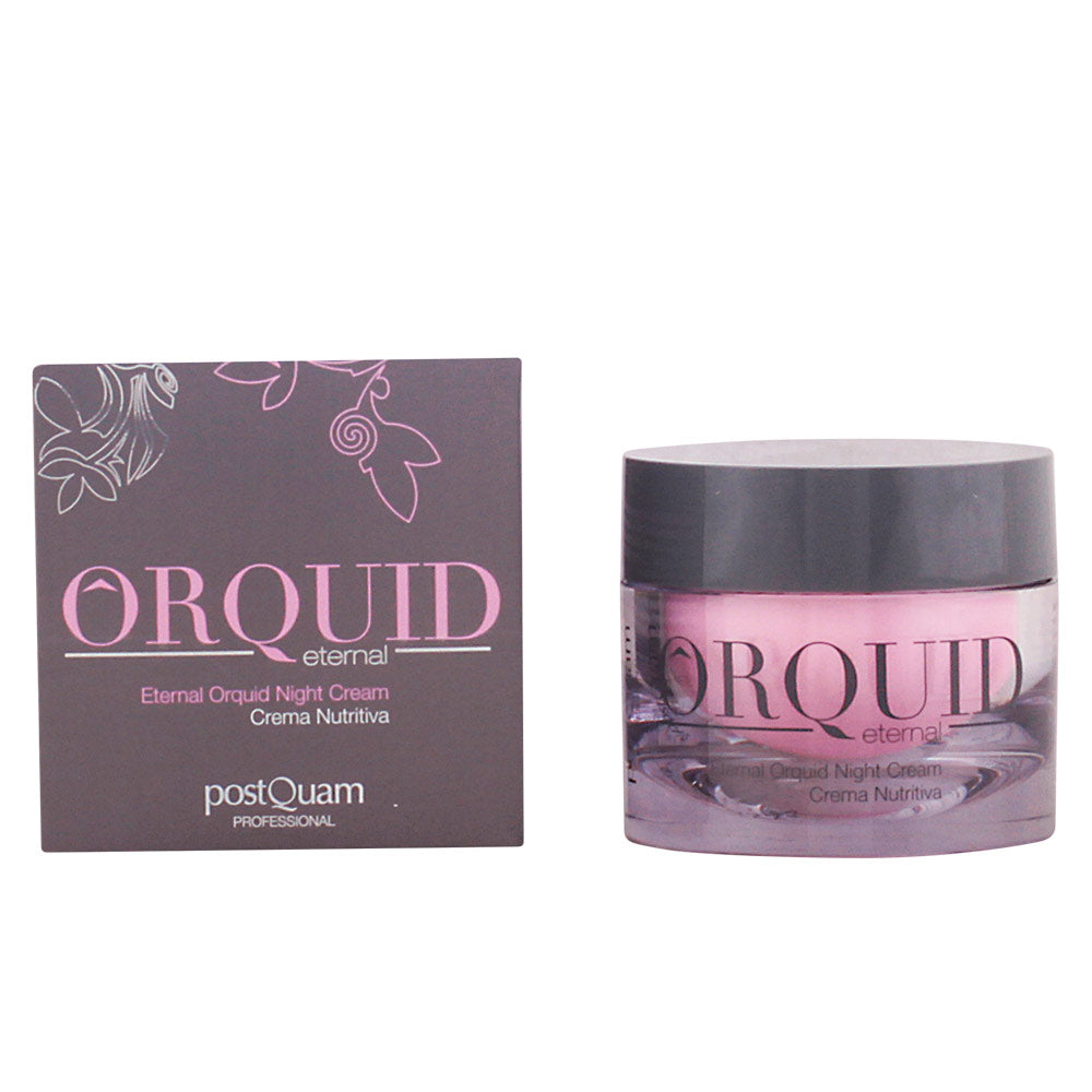 Postquam night cream in pink plastic jar with lid beside gray floral cardboard box, elegant professional styling