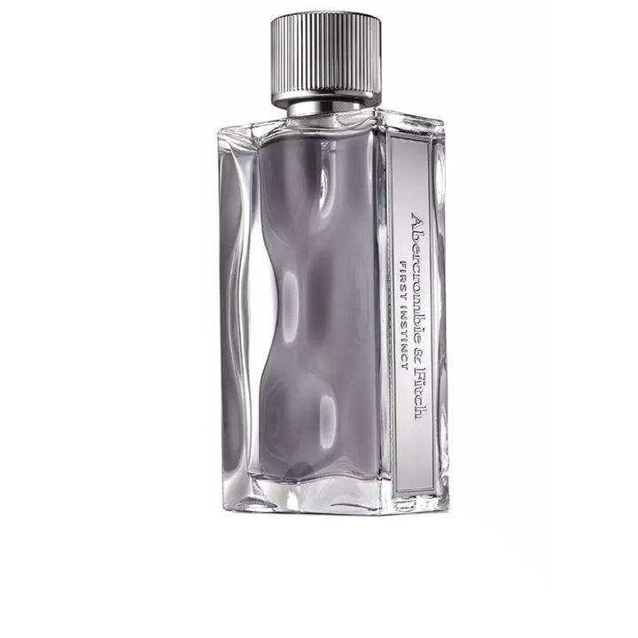 Abercrombie &amp; Fitch Silver and transparent glass perfume bottle with ribbed metallic cap, rectangular shape and side label