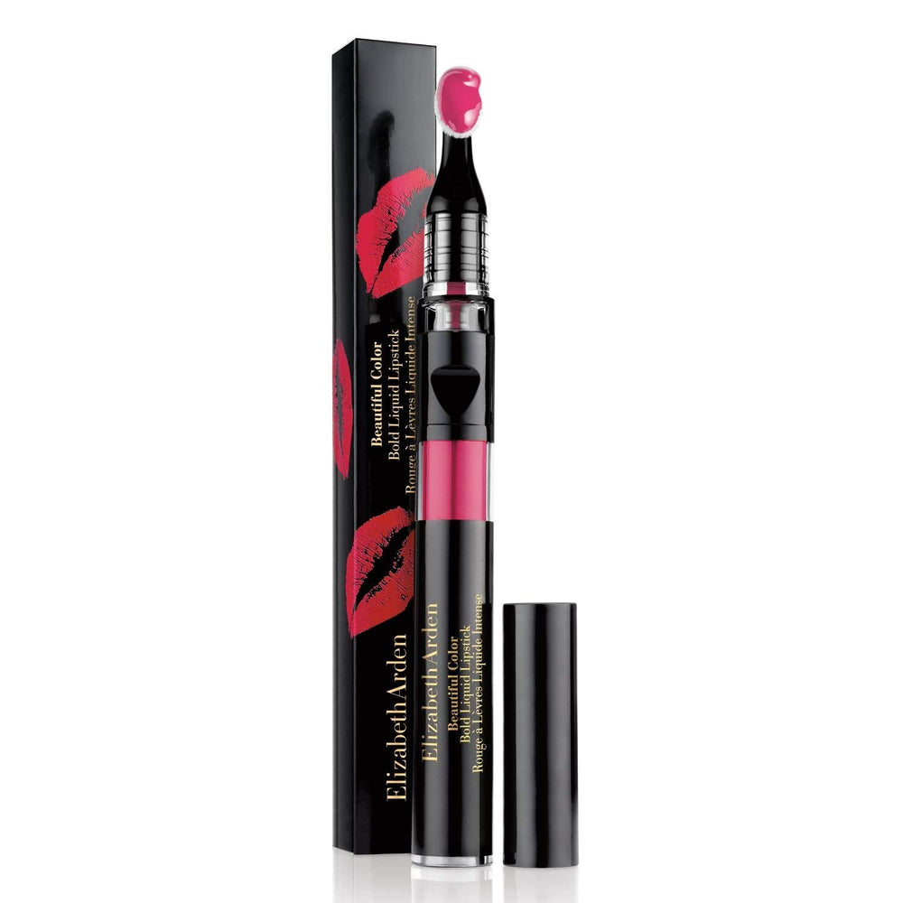 Elizabeth Arden Sleek plastic liquid lipstick with transparent pink reservoir, black cap, gold printed text, red lip-print packaging.