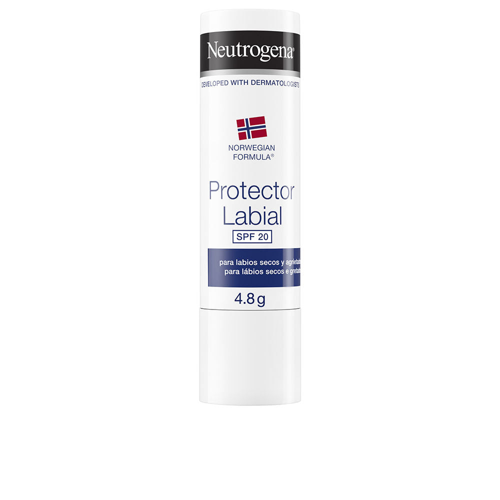 Neutrogena White plastic cylindrical lip balm with twist-up mechanism, printed text, logo, and Norwegian flag symbol