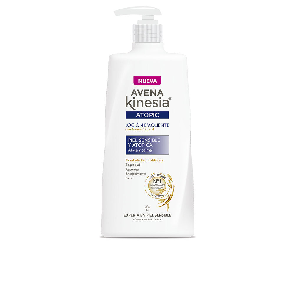 White plastic lotion bottle with pump, minimalist label and logo, clean modern design, Avena Kinesia