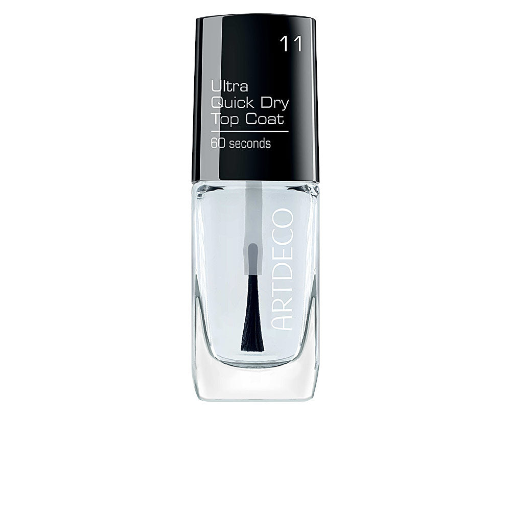 Clear glass bottle with silver cap showing high-gloss quick-dry nail top coat, Artdeco