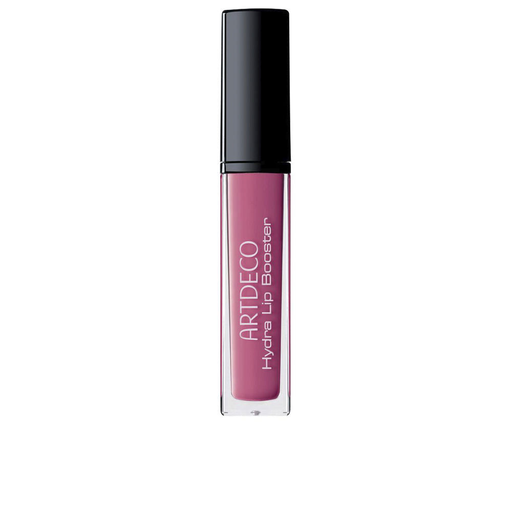 Pink lip gloss in transparent plastic tube with black cap, vertical text and visible liquid product, Artdeco