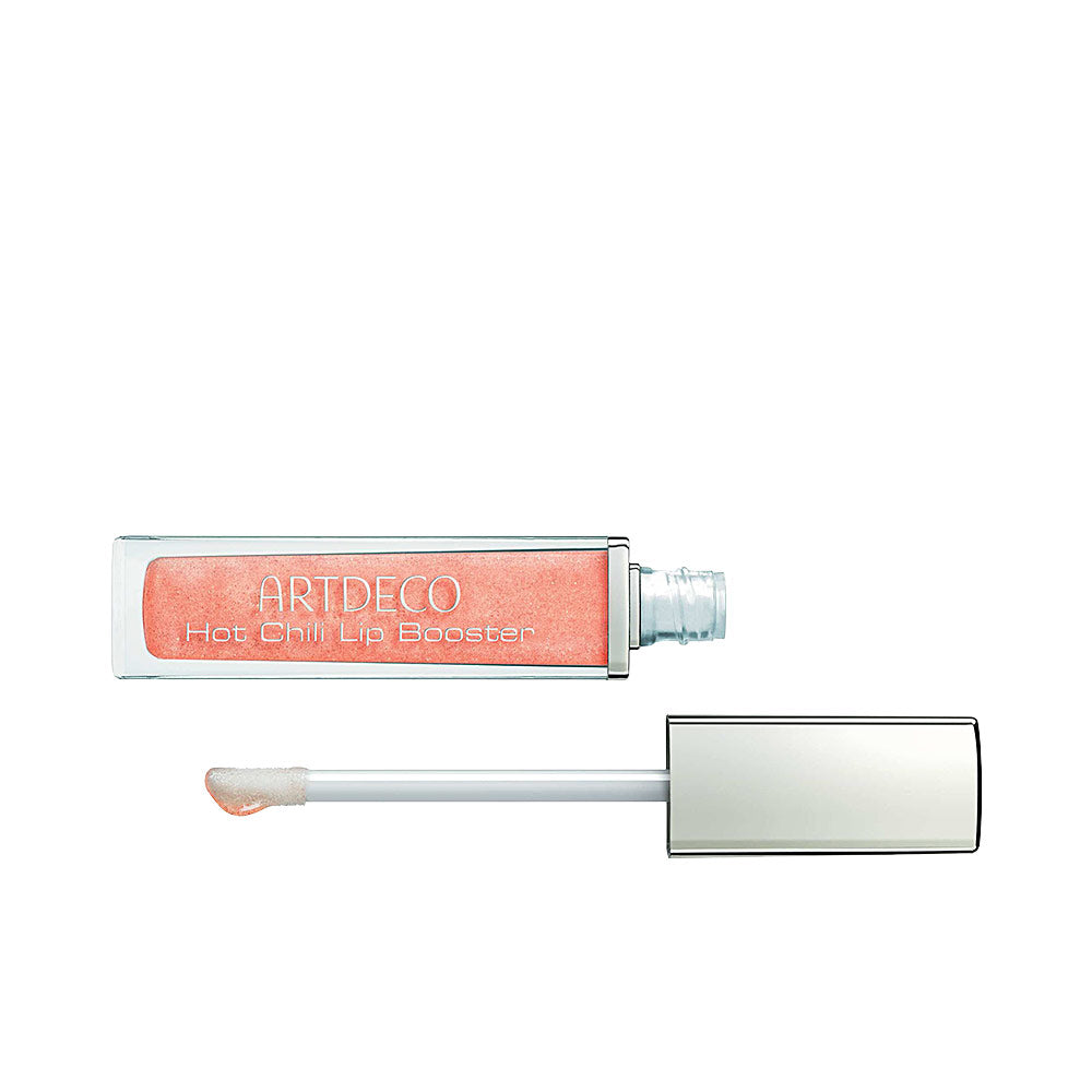 Artdeco Sleek, modern lip gloss tube in peachy pink with transparent plastic container and applicator wand