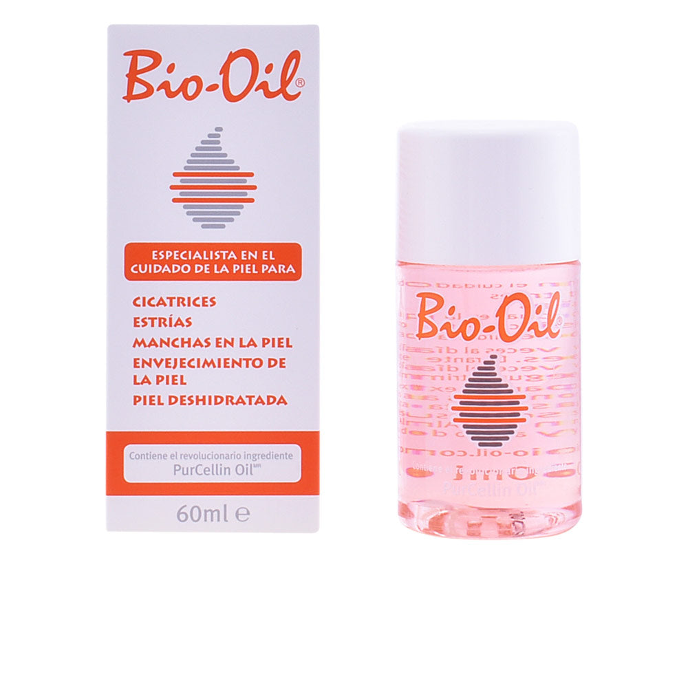 Clear amber Bio‑Oil bottle with golden oil, botanical ingredients highlighted