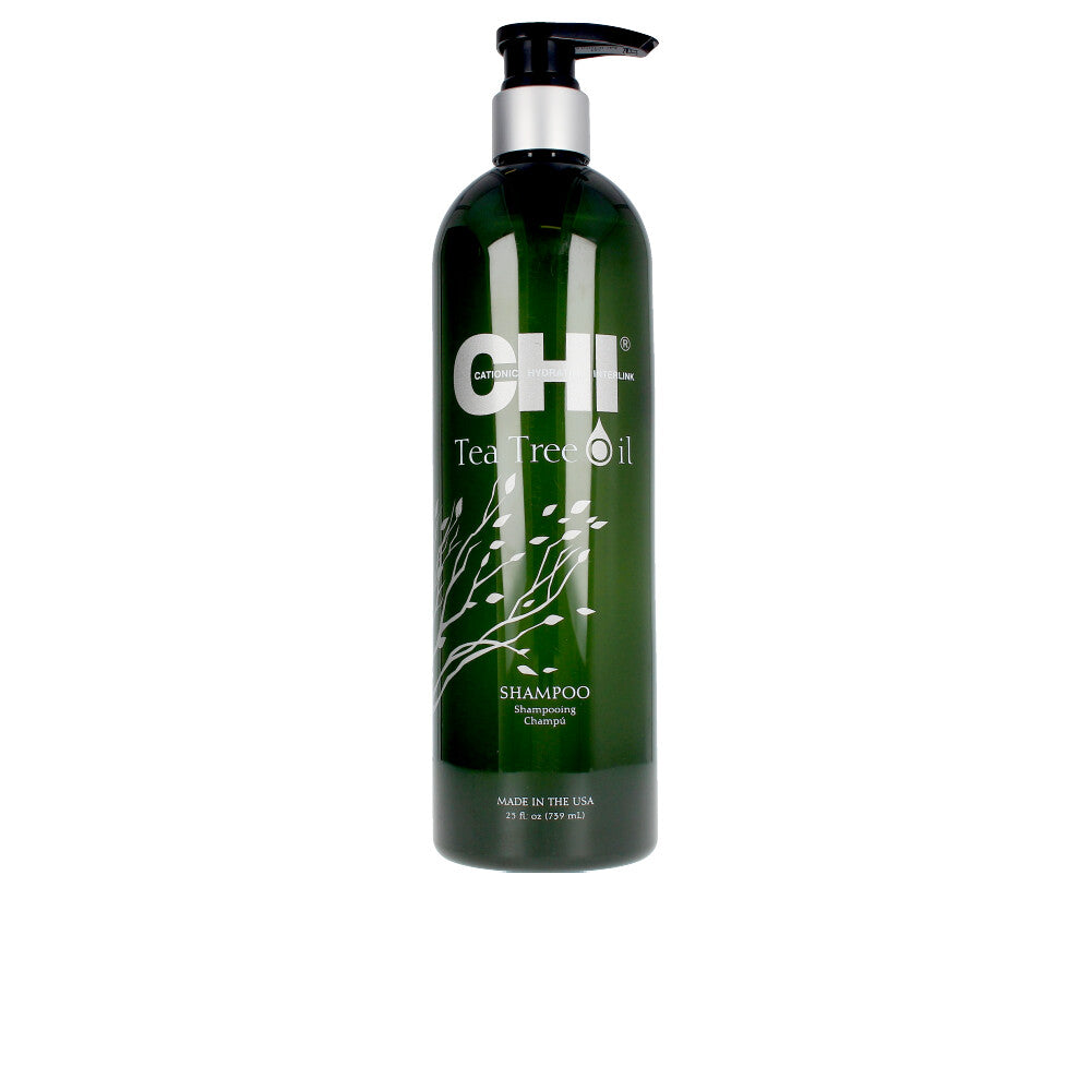739 ml clear shampoo bottle labelled Tea Tree & Mint, mint-green liquid