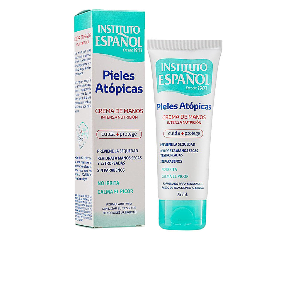 Instituto Español White and turquoise plastic hand cream tube with flip cap, boxed in blue-red cardboard, printed text and logo