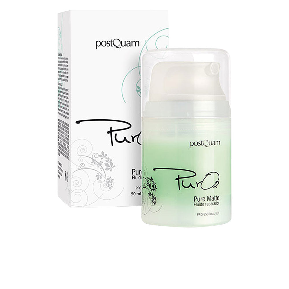 Postquam Light green and white plastic skin care fluid bottle with pump, transparent cap, floral swirl design