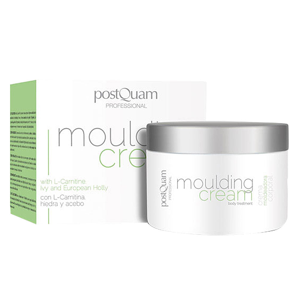 Tube of Postquam shaping cream beside smooth skin, botanical extracts in background