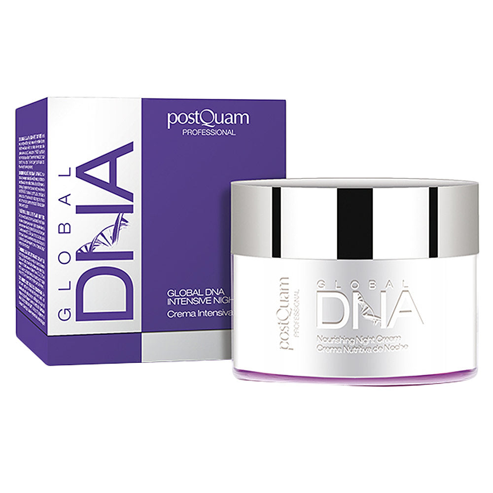 Postquam Modern cylindrical night cream jar with metallic silver lid, white and purple packaging, printed text, DNA graphic